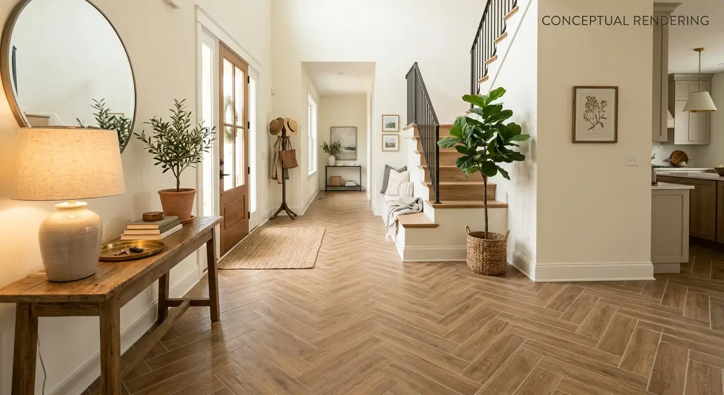 Conceptual rendering of herringbone porcelain tile for entryway floor design at Reno, NV