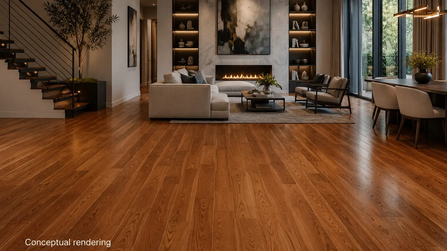 Conceptual rendering of luxury modern interior with premium engineered hardwood flooring at Reno, NV