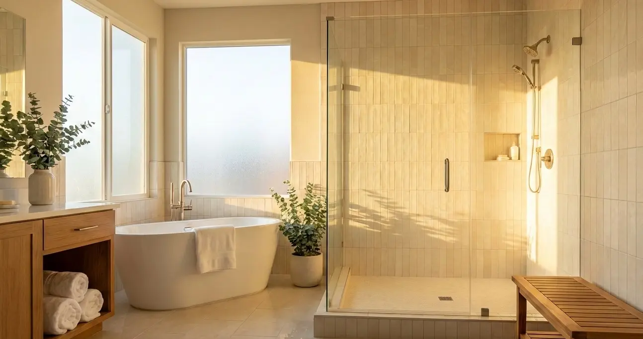 Conceptual rendering of Mozart polished porcelain tile installed in vertical pattern on Reno, NV shower wall creating luxurious spa-like bathroom