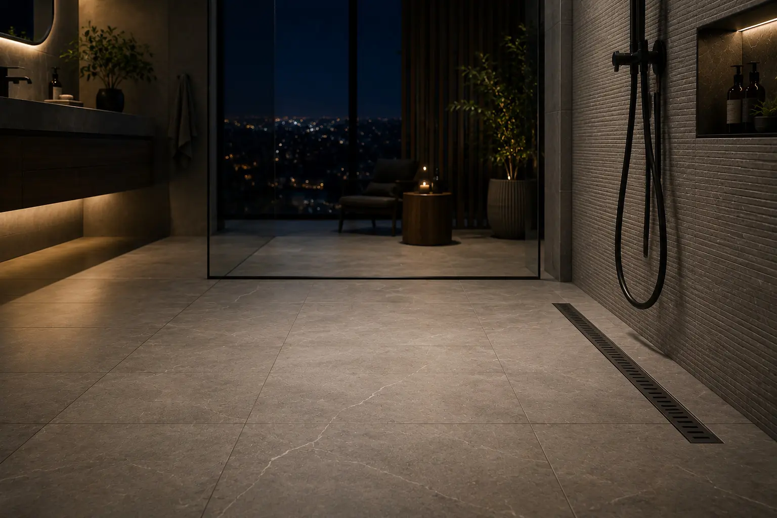 Conceptual rendering of a Porcelain tile for shower floor in a night background
