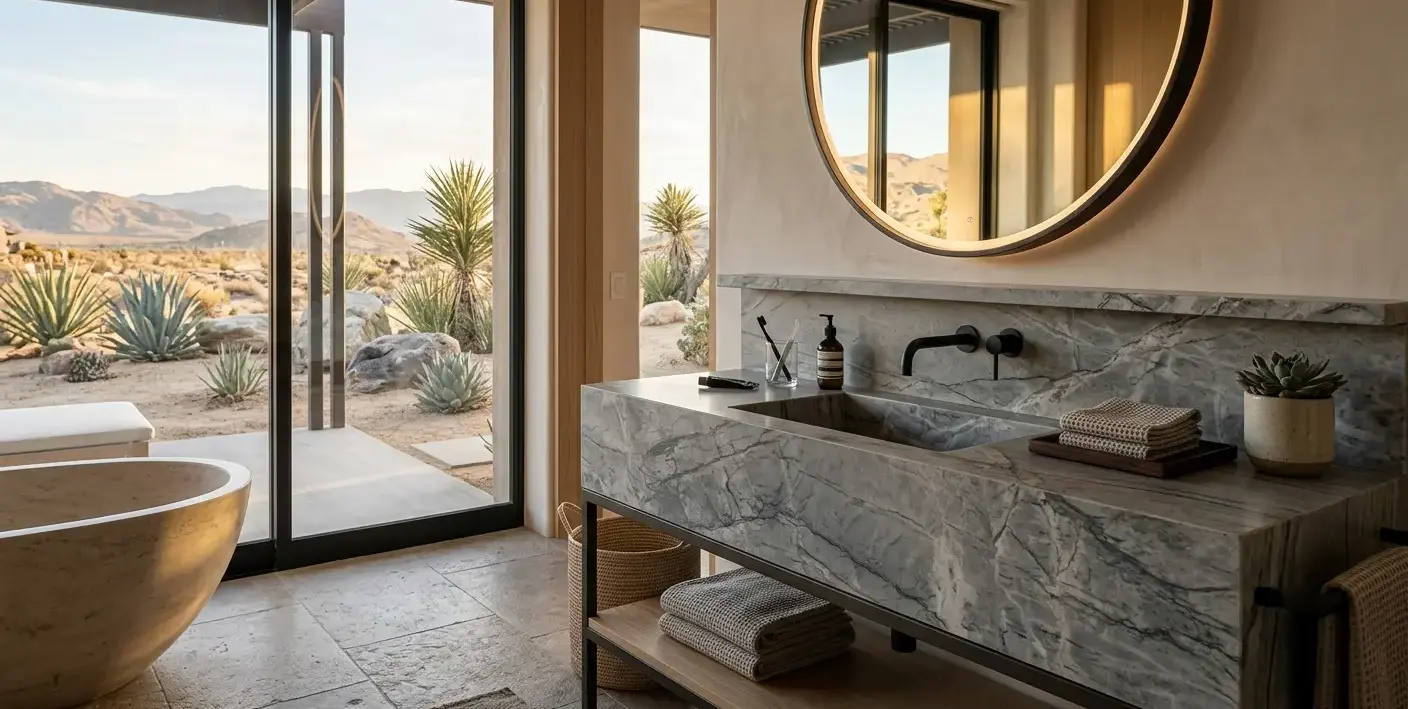 Conceptual rendering of a cool gray quartzite bathroom vanity under soft lighting