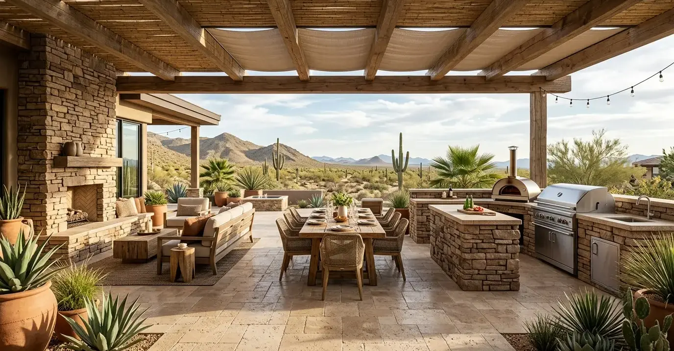 Conceptual rendering of a shaded travertine patio with earthy outdoor stone accents