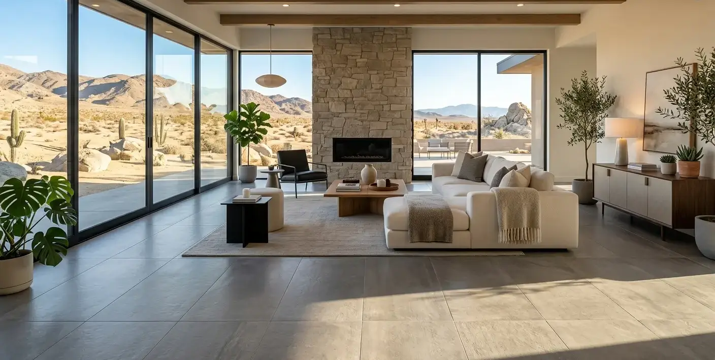Conceptual rendering of a Gray porcelain floor tile in a modern living room