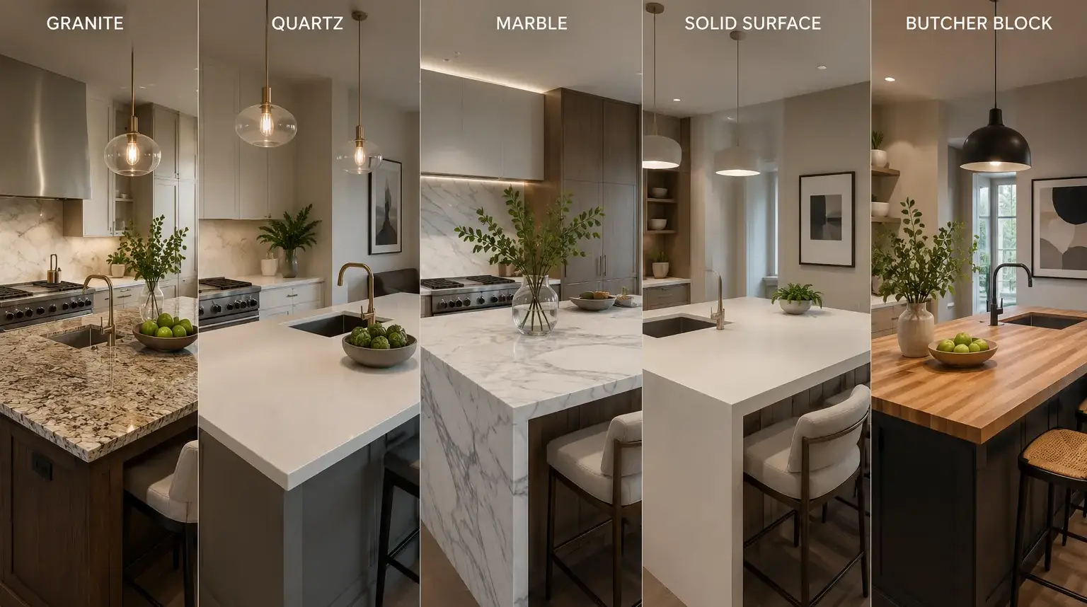 Conceptual rendering of side-by-side comparison of granite, quartz, marble, solid surface, and butcher block countertops in modern Reno luxury kitchens