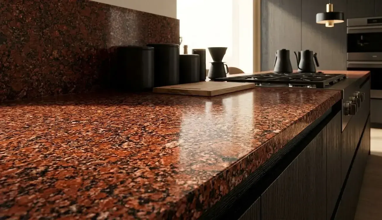 Conceptual rendering of seamless Imperial red granite kitchen island with a built-in cooktop at Reno home