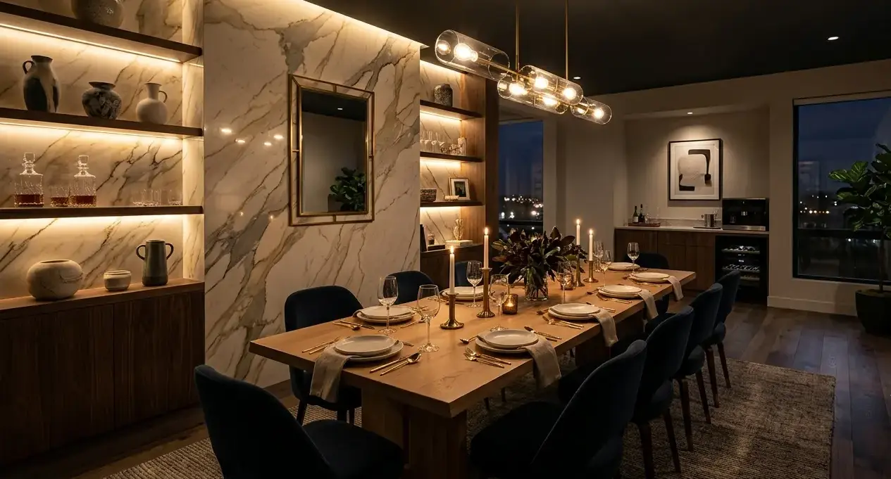 Conceptual rendering of a Fernley Interior Design Guide dining space with a porcelain slab accent wall