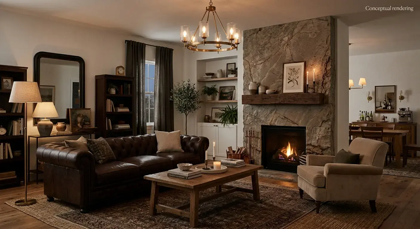 Conceptual rendering of a Fernley Interior Design Guide living room with a leathered quartzite fireplace surround