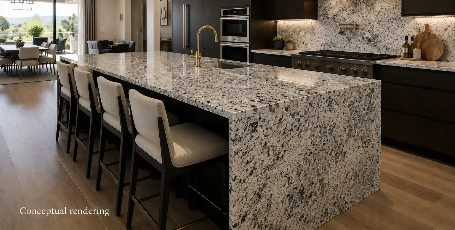 Conceptual rendering of modern kitchen featuring a granite countertop with elegant dark cabinetry and high-end interior design at Reno