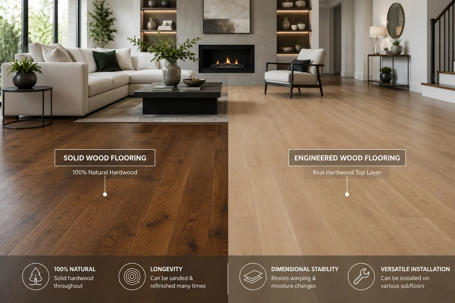 Conceptual rendering of a Solid Wood Versus Engineered Wood Flooring