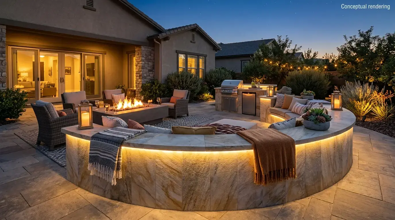 Conceptual rendering of a Fernley outdoor living seating wall in honed quartzite
