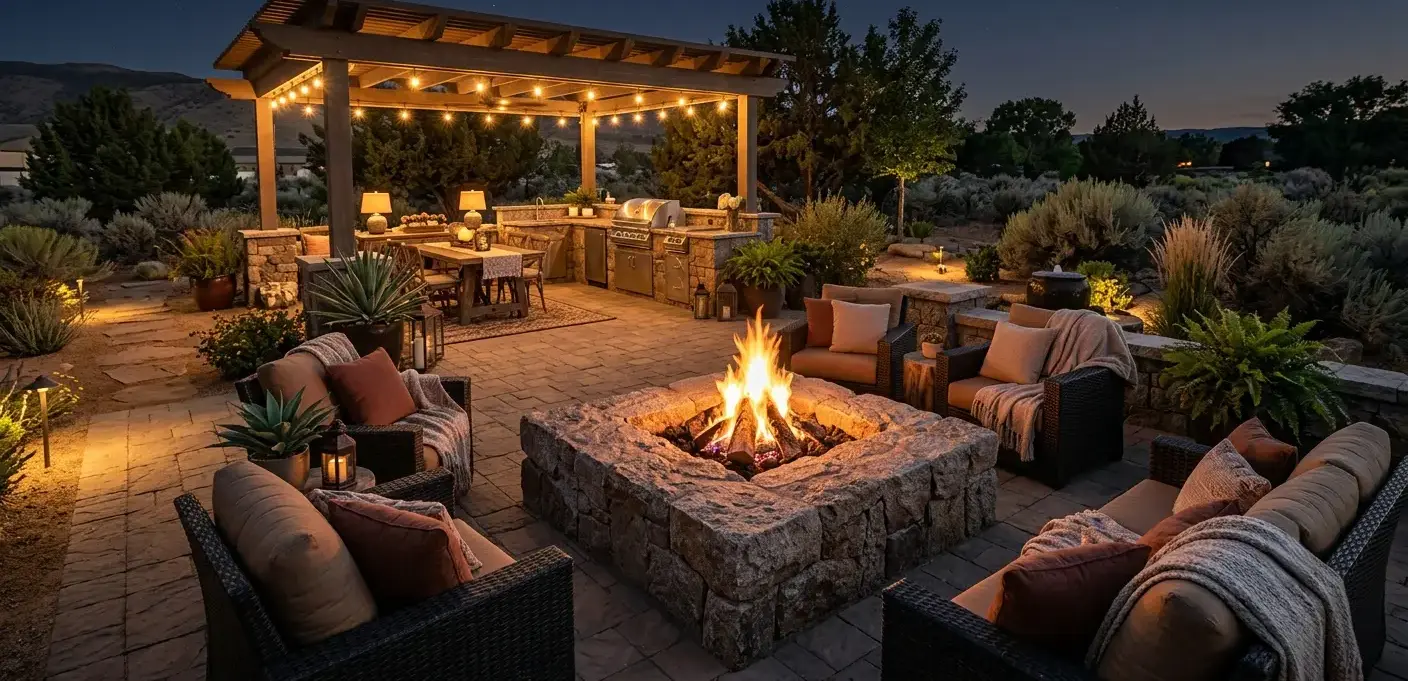 Conceptual rendering of a Fernley outdoor living patio with a granite fire pit surround