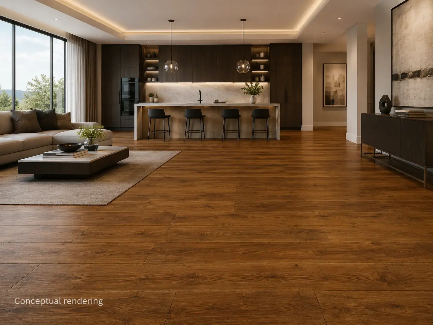 Conceptual rendering of luxury modern interior with engineered hardwood flooring