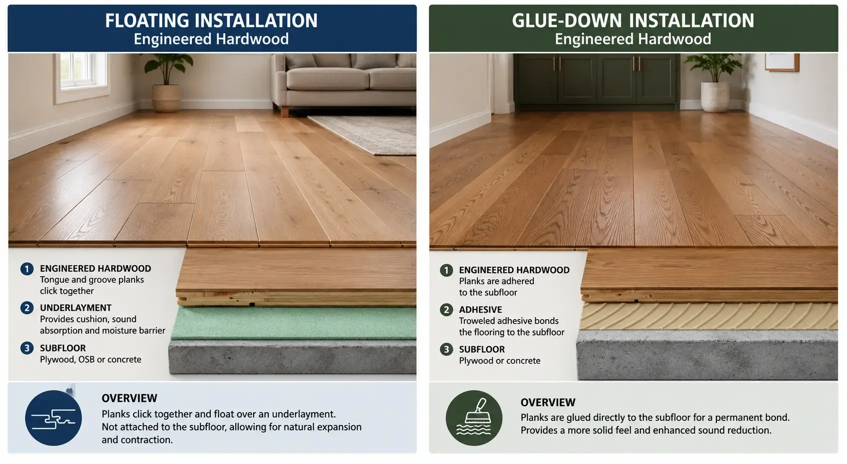 Conceptual rendering of comparison of engineered hardwood flooring with floating installation and glue-down installation methods