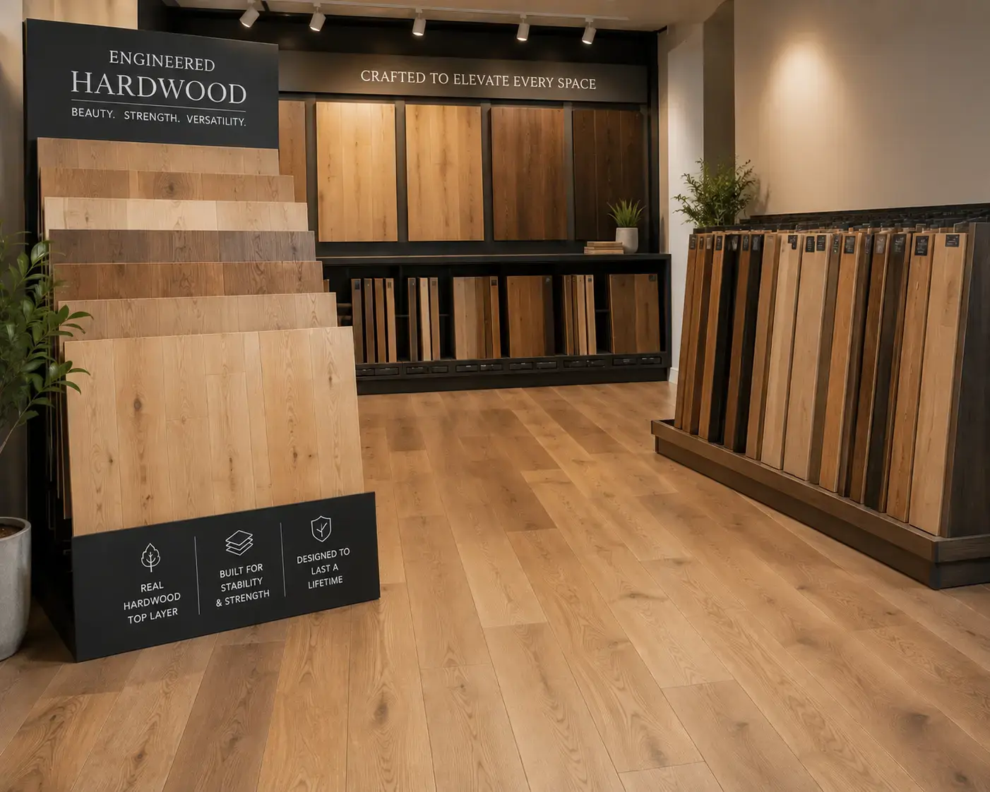 Conceptual rendering of showroom with Engineered hardwood displays and sample boards