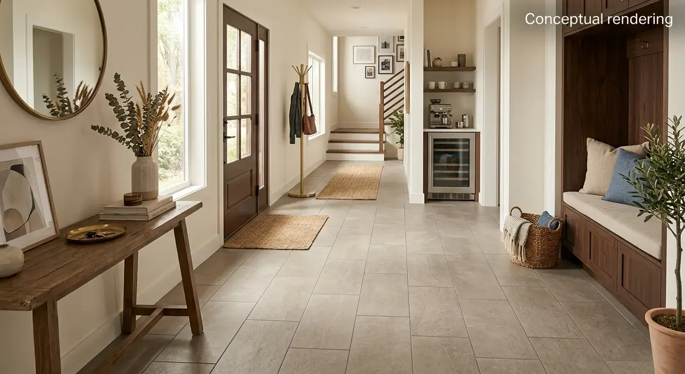 Conceptual rendering of matte porcelain tile flooring