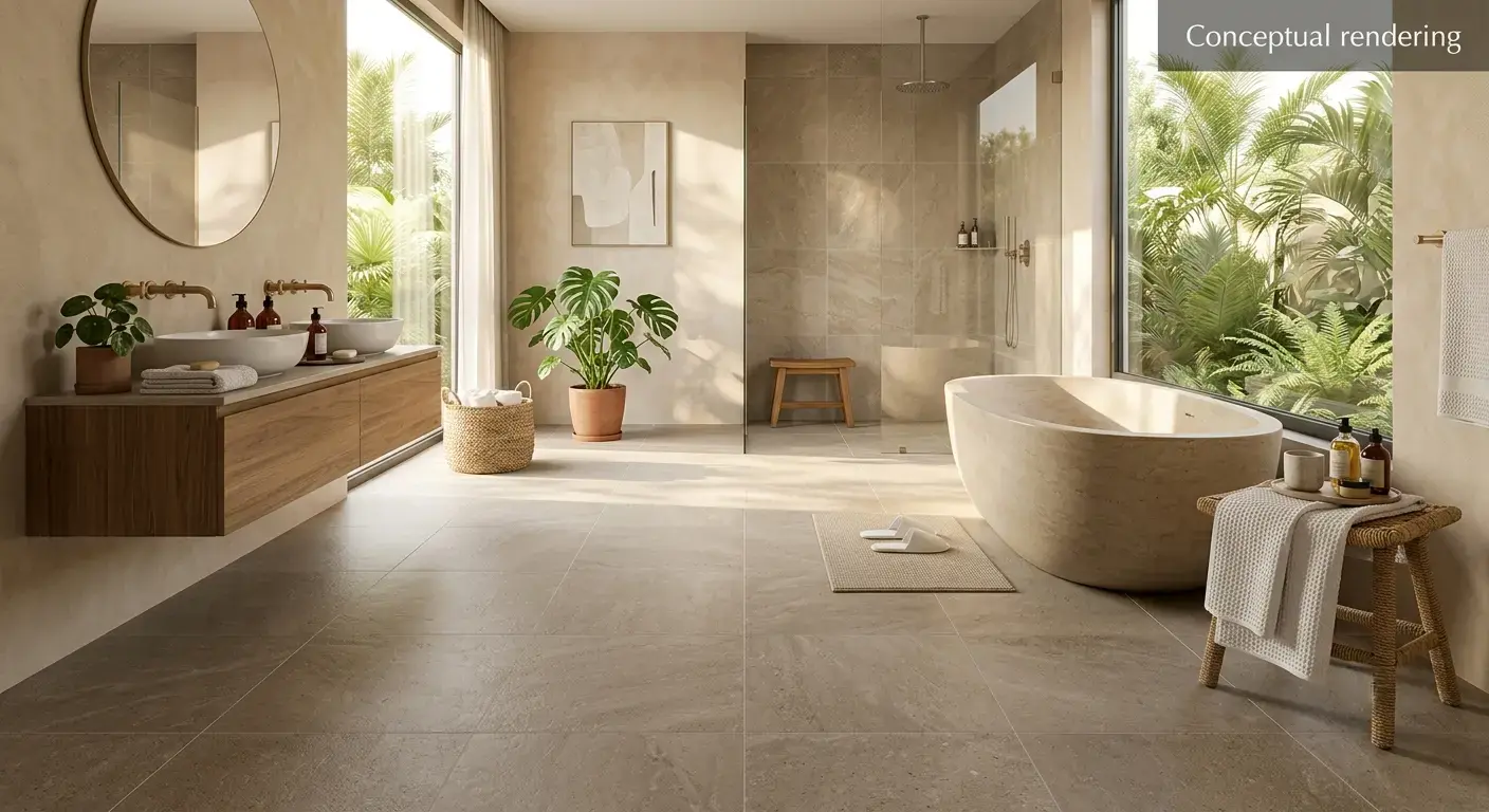 Conceptual rendering of porcelain tile in bathroom floor