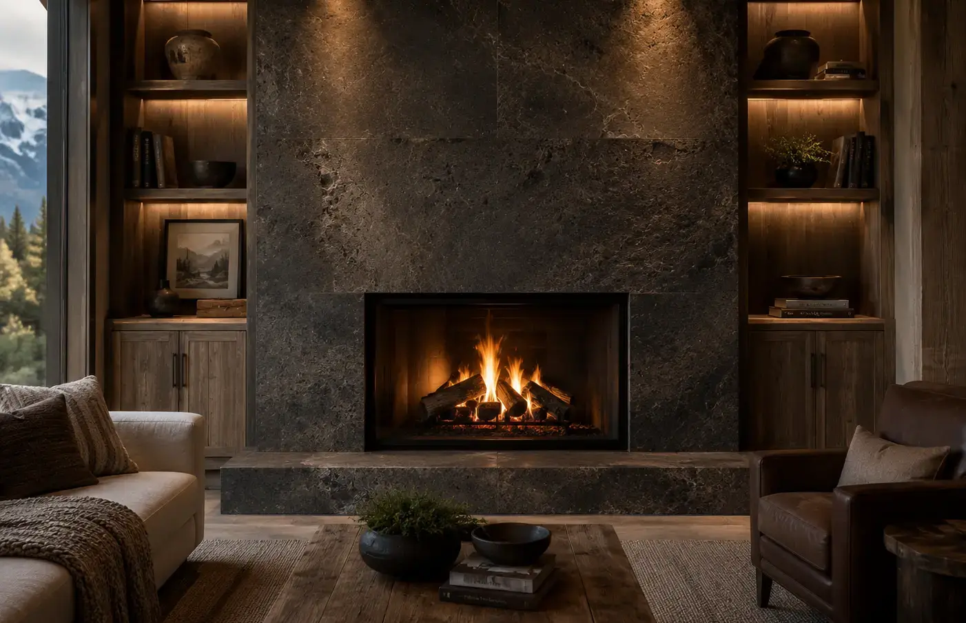 Conceptual rendering of dark travertine fireplace surround in a cozy mountain cabin interior