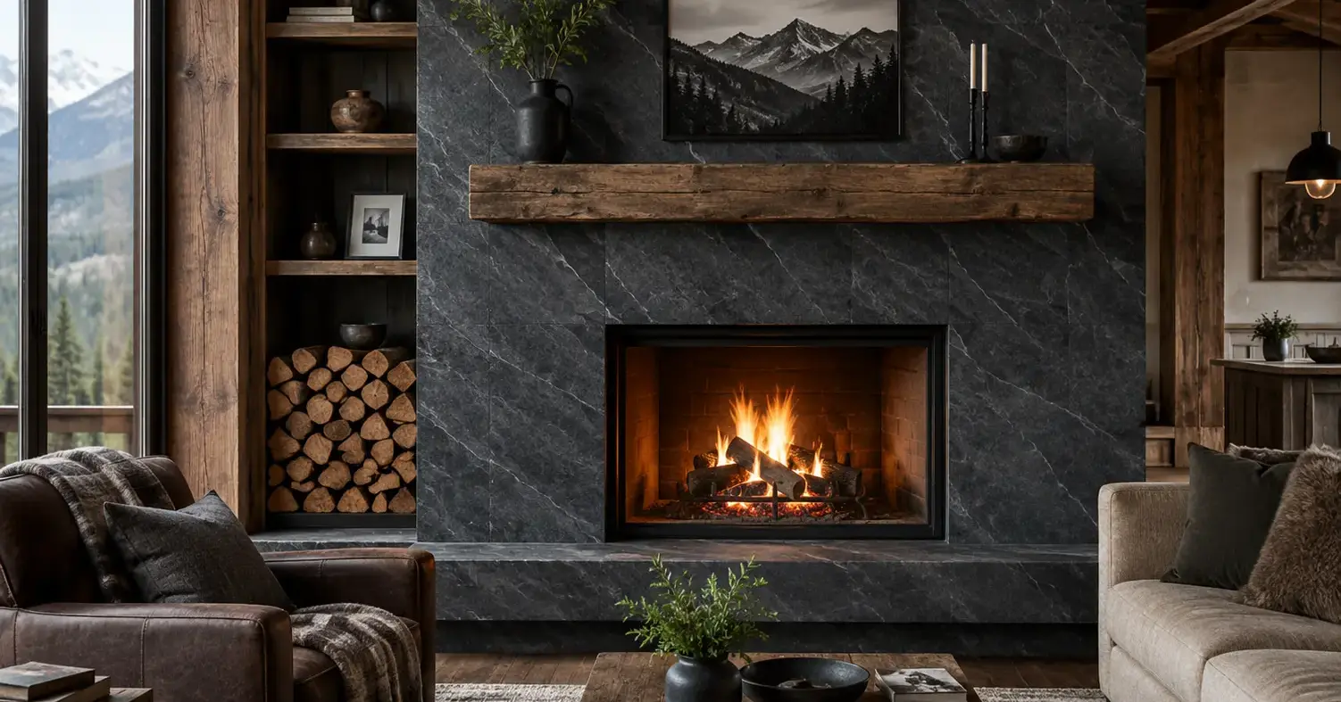 Conceptual rendering of slate fireplace surround in a luxury mountain cabin interior