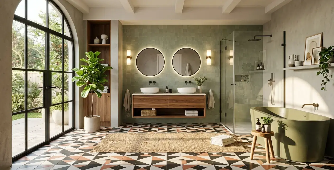 Conceptual rendering of a Fernley Home Trends 2026 bathroom with patterned floor tile
