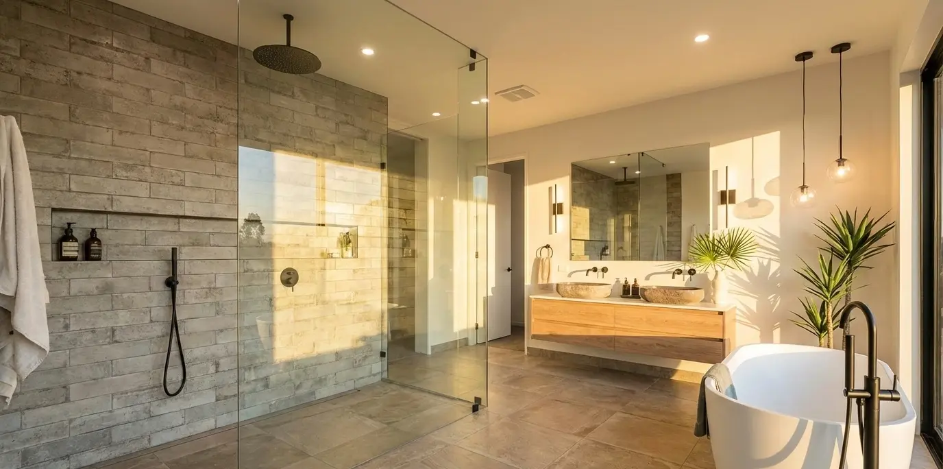 Conceptual rendering of concrete look subway tile in shower