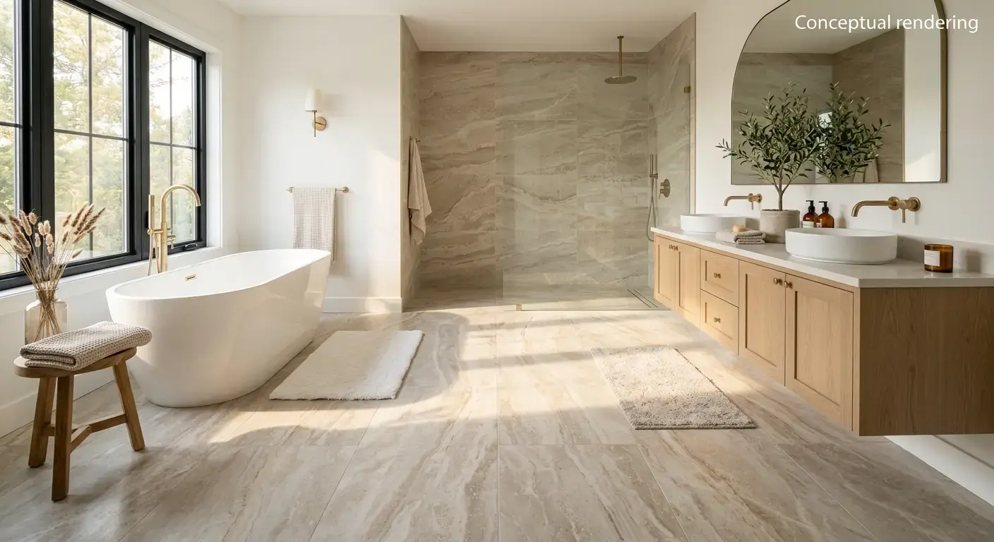 Conceptual rendering of porcelain tile in bathroom