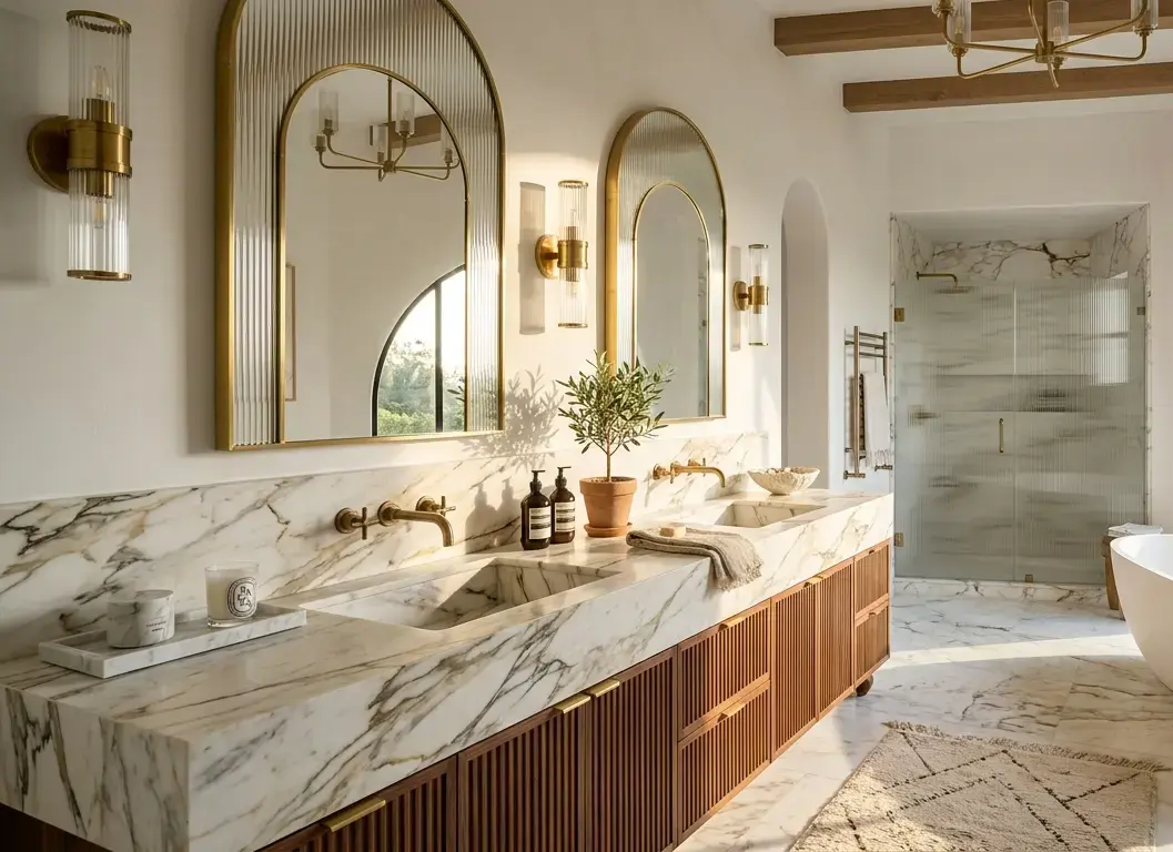 Conceptual rendering of a luxury bathroom inspiration marble vanity top design