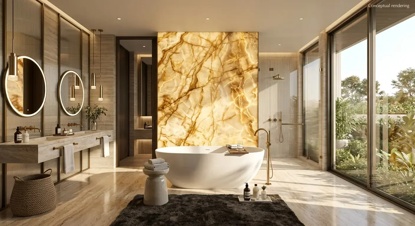 Conceptual rendering of a luxury bathroom inspiration backlit onyx accent wall