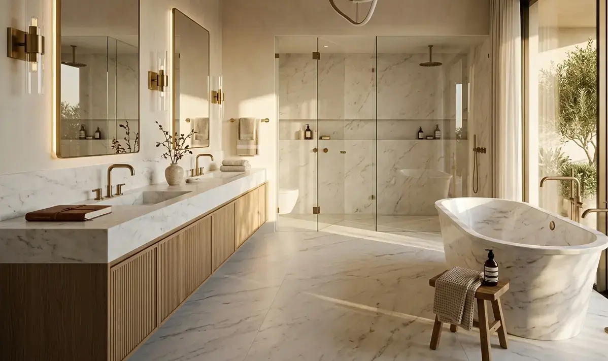 Conceptual rendering of a luxury bathroom inspiration marble floor with honed finish