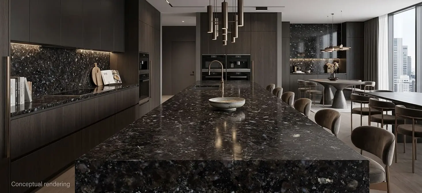 Conceptual rendering of luxury kitchen featuring extensive use of Black Pearl granite for the massive kitchen island in Carson City, NV