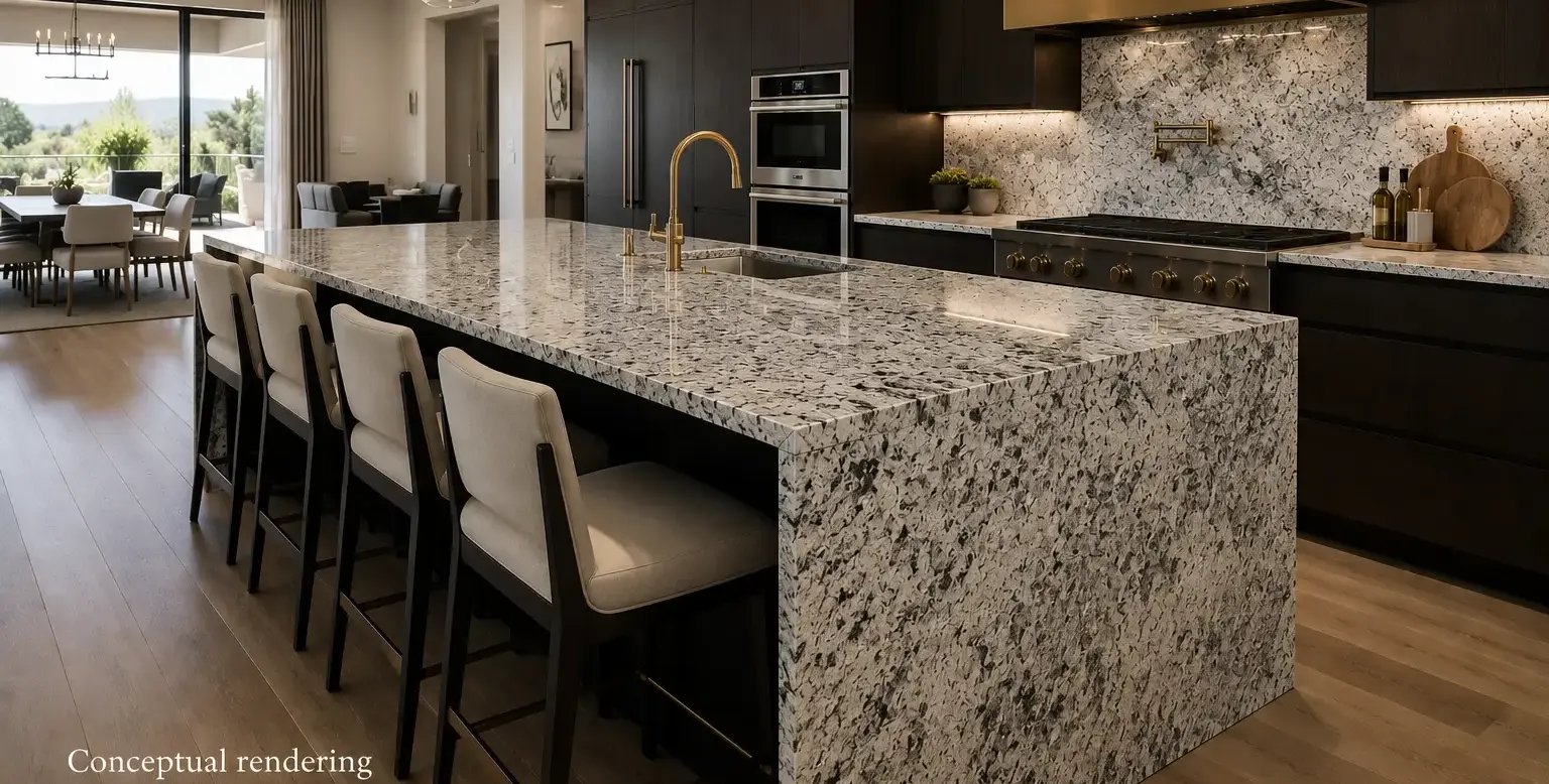 Conceptual rendering of modern kitchen featuring a granite countertop with elegant dark cabinetry and high-end interior design