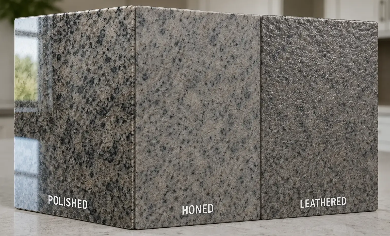 Conceptual rendering of granite countertop finishes comparison showing polished, honed, and leathered 3D corner samples