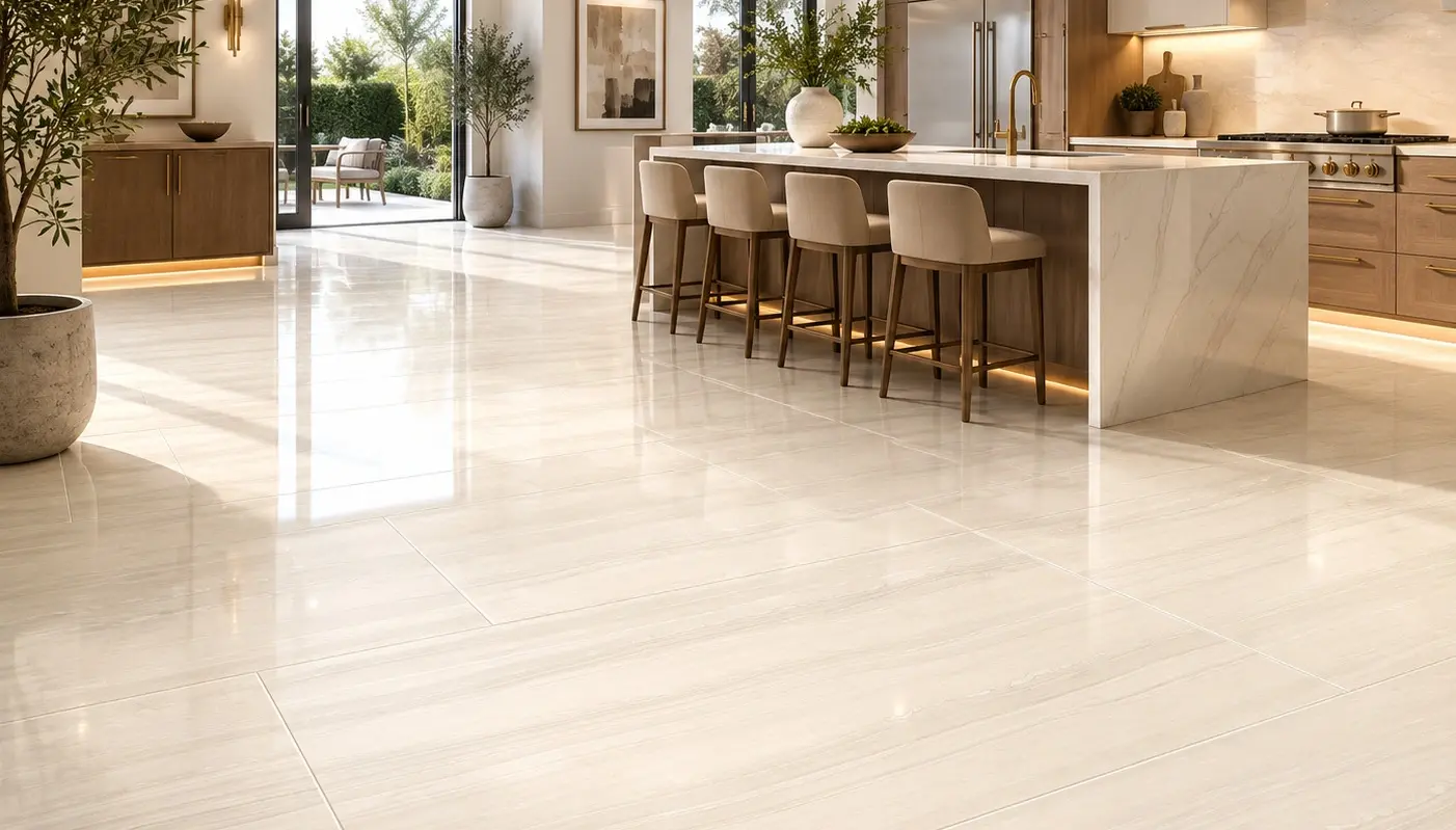 Conceptual rendering of modern kitchen featuring elegant porcelain tile flooring with seamless installation