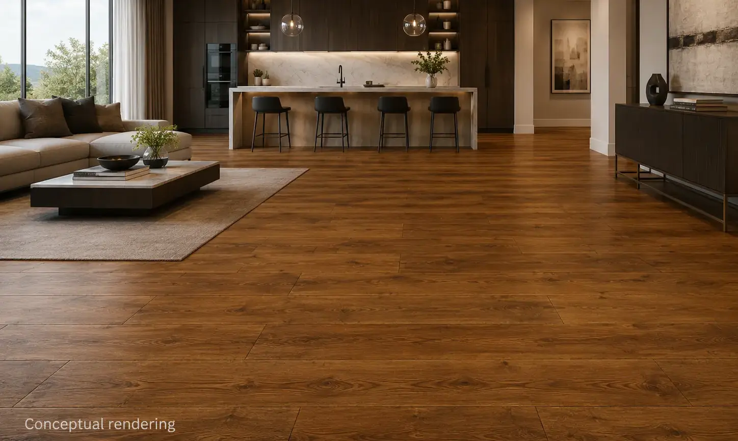 Conceptual rendering of luxury modern interior with engineered hardwood flooring at Carson City, NV home