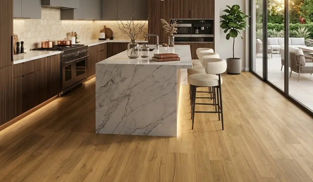 Conceptual rendering of kitchen interior at Carson City featuring perfectly installed honey oak LVP flooring