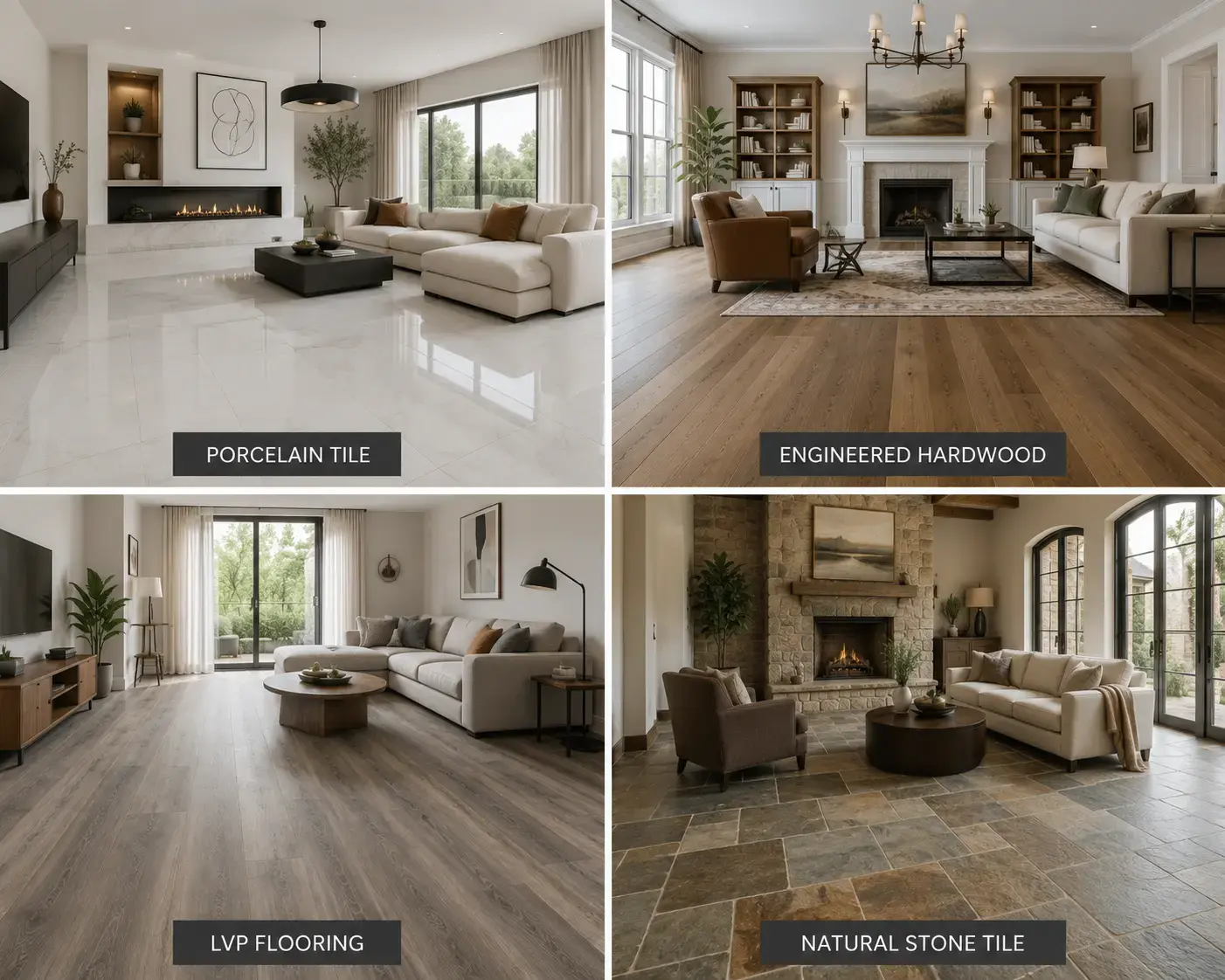 Conceptual rendering of living room flooring comparison porcelain tile, engineered hardwood, LVP, and natural stone tile
