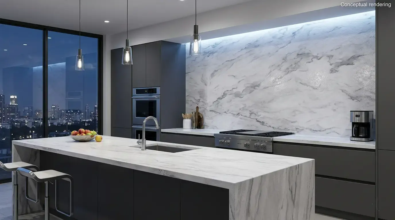 Conceptual rendering of a quartzite countertop in a modern kitchen
