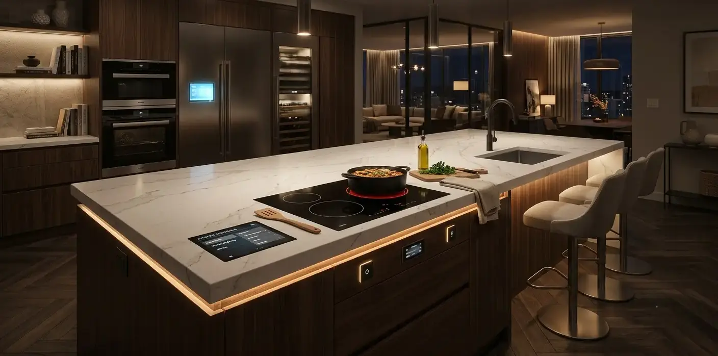 Conceptual rendering of a Smart Home Integration kitchen island with quartz countertop and induction cooktop