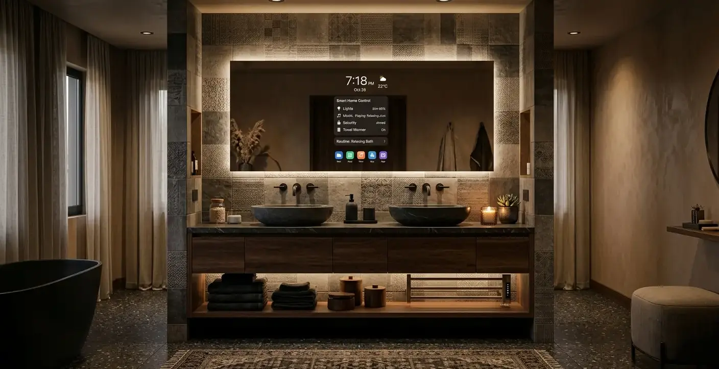 Conceptual rendering of a Smart Home Integration bathroom vanity with tile surround and smart mirror