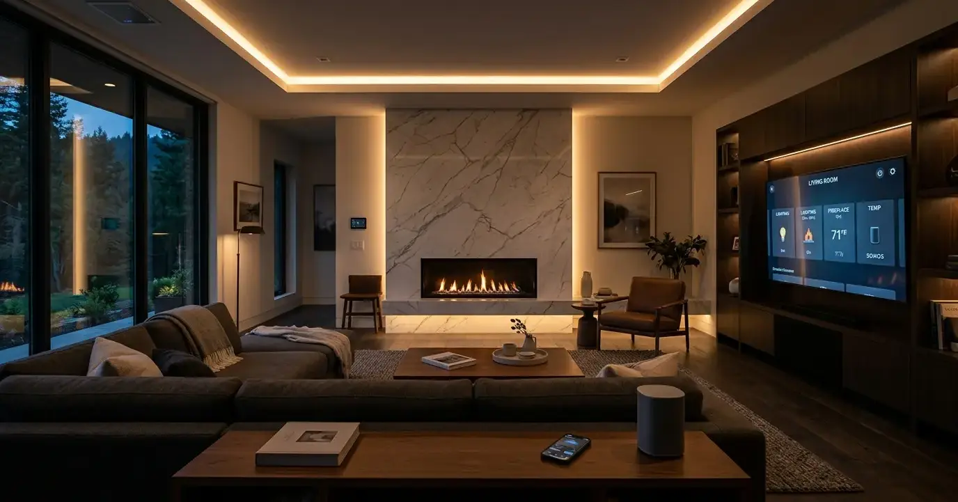 Conceptual rendering of a Smart Home Integration living room fireplace with quartzite surround and ambient lighting