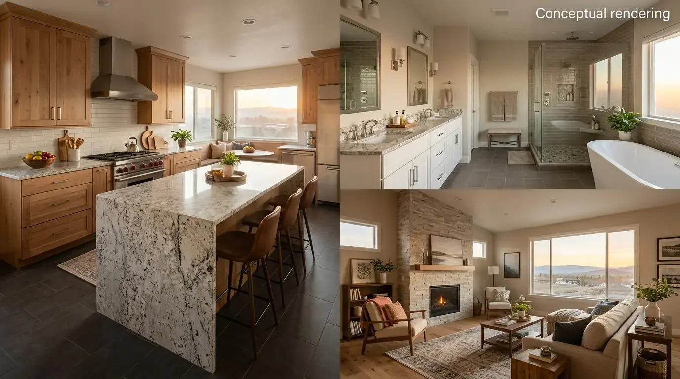 Conceptual rendering of a Fernley remodels kitchen island , bathroom vanities and living room, with quartz slab surface