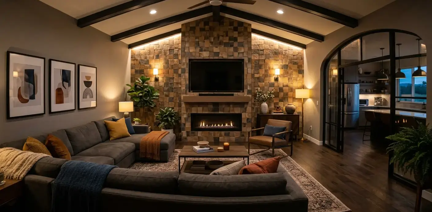 Conceptual rendering of a Fernley remodels living room with a tile accent wall