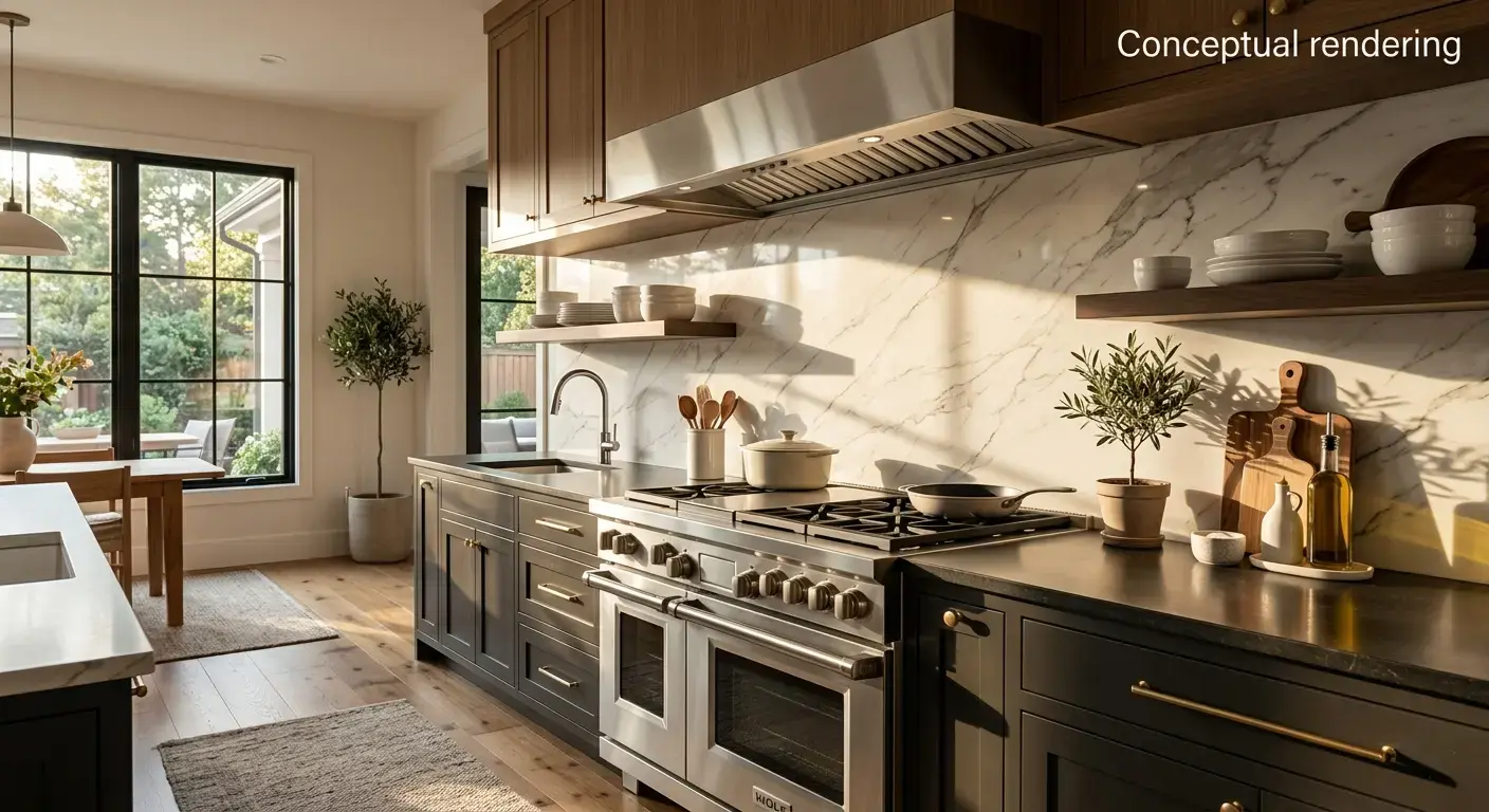 Conceptual rendering of white quartzite backsplash