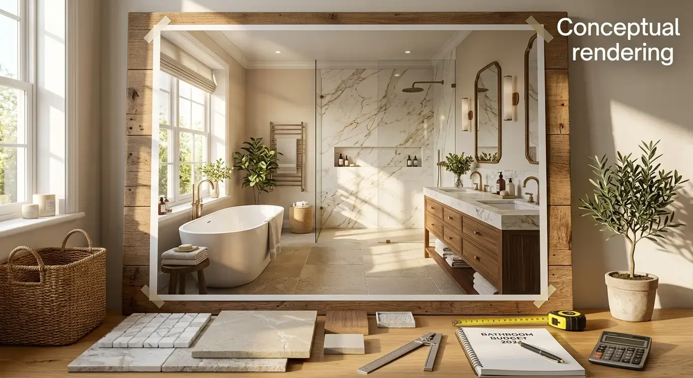 Conceptual rendering of a bathroom budgeting for stone and tile projects with marble accent walls.