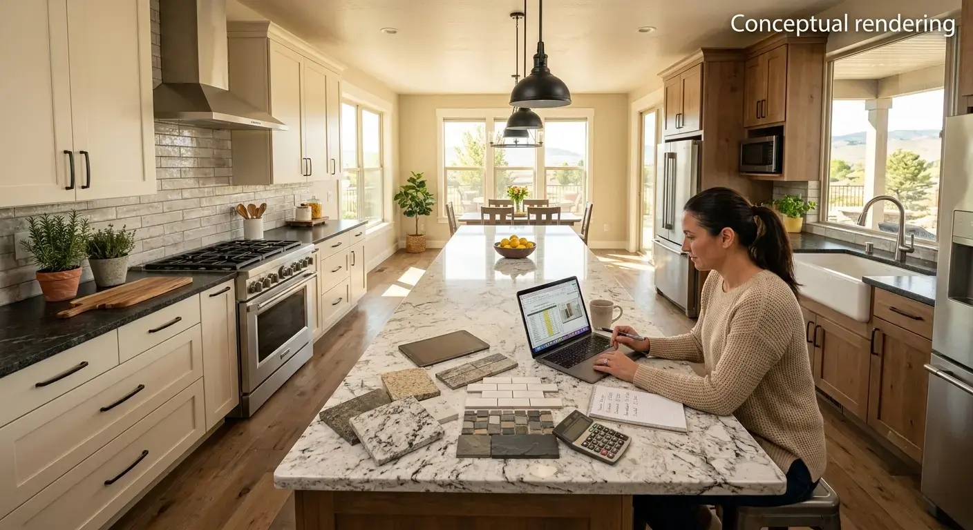 Conceptual rendering of a Fernley kitchen budgeting for stone and tile projects with granite counters