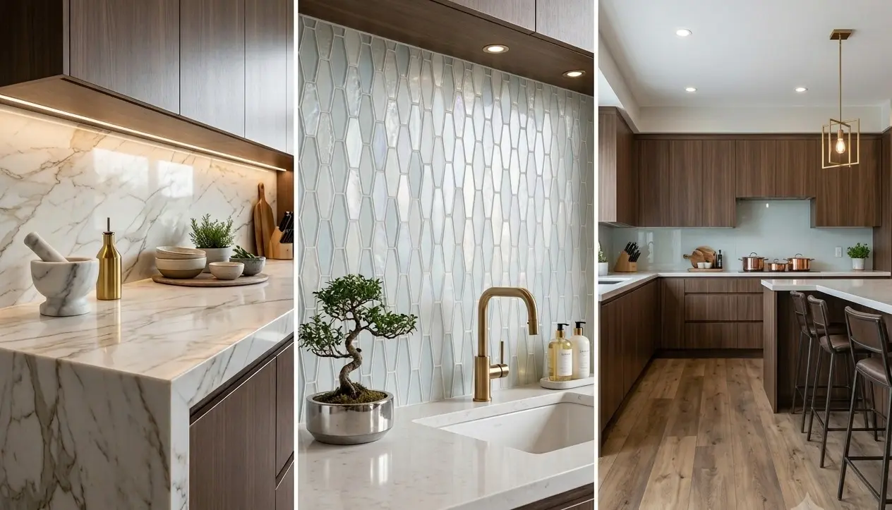 Conceptual rendering of three-panel interior design featuring marble slab countertop mosaic tile backsplash and vinyl plank flooring at Nova Tile and Stone Reno NV showroom