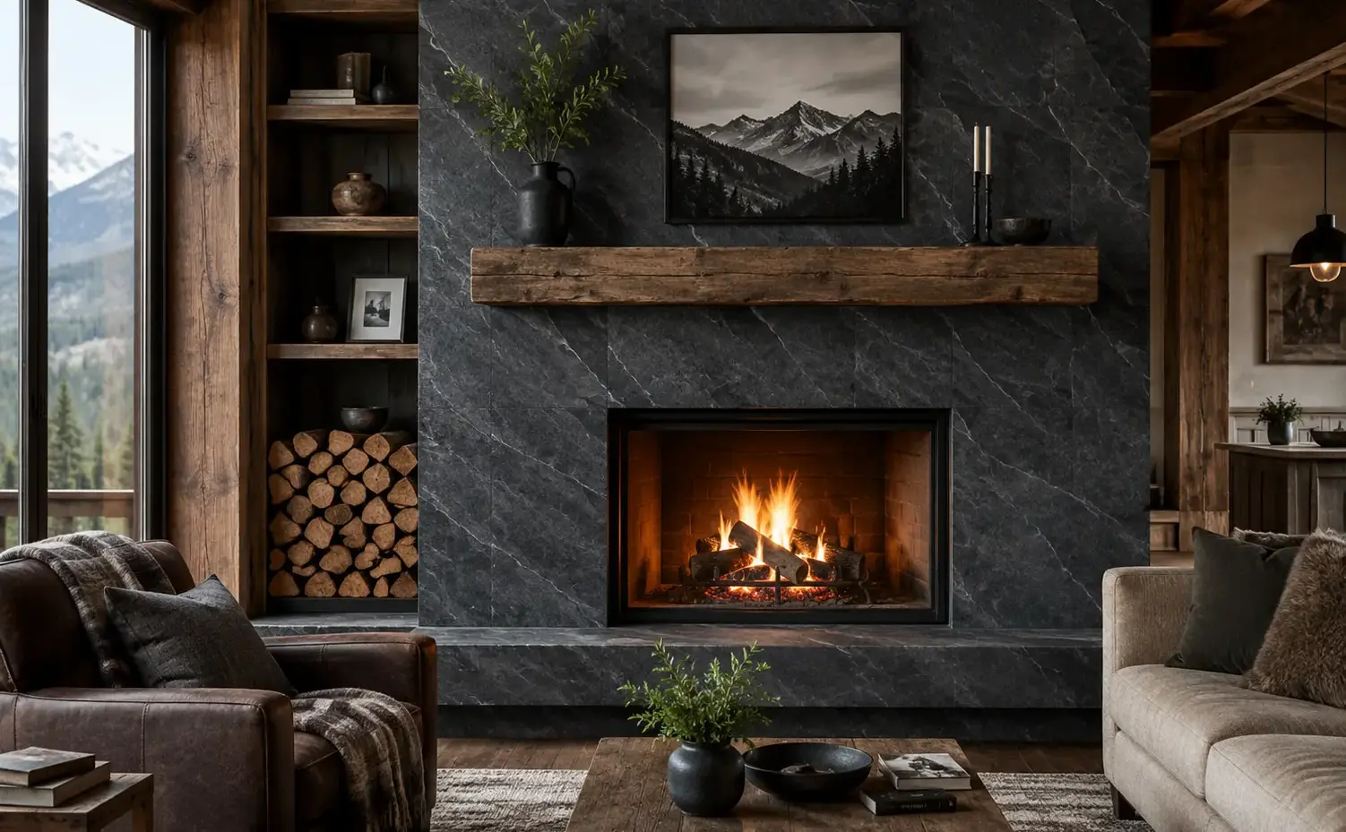 Conceptual rendering of slate fireplace surround in a luxury cabin interior at Truckee, CA