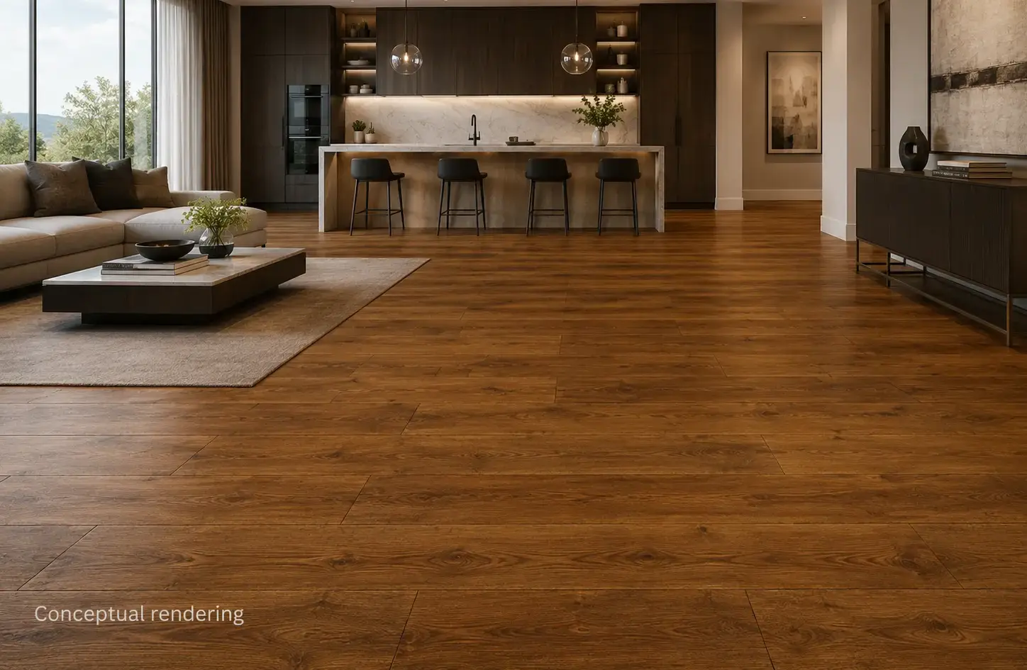 Conceptual rendering of luxury modern interior with engineered hardwood flooring at Truckee, CA home