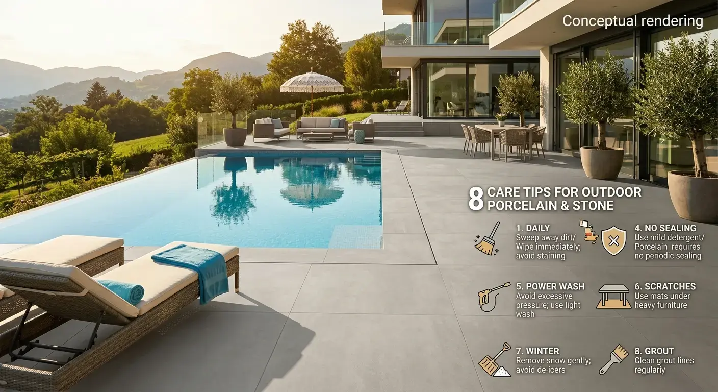 Conceptual rendering of a porcelain slab pool deck highlighting care tips for outdoor stone and tile surfaces