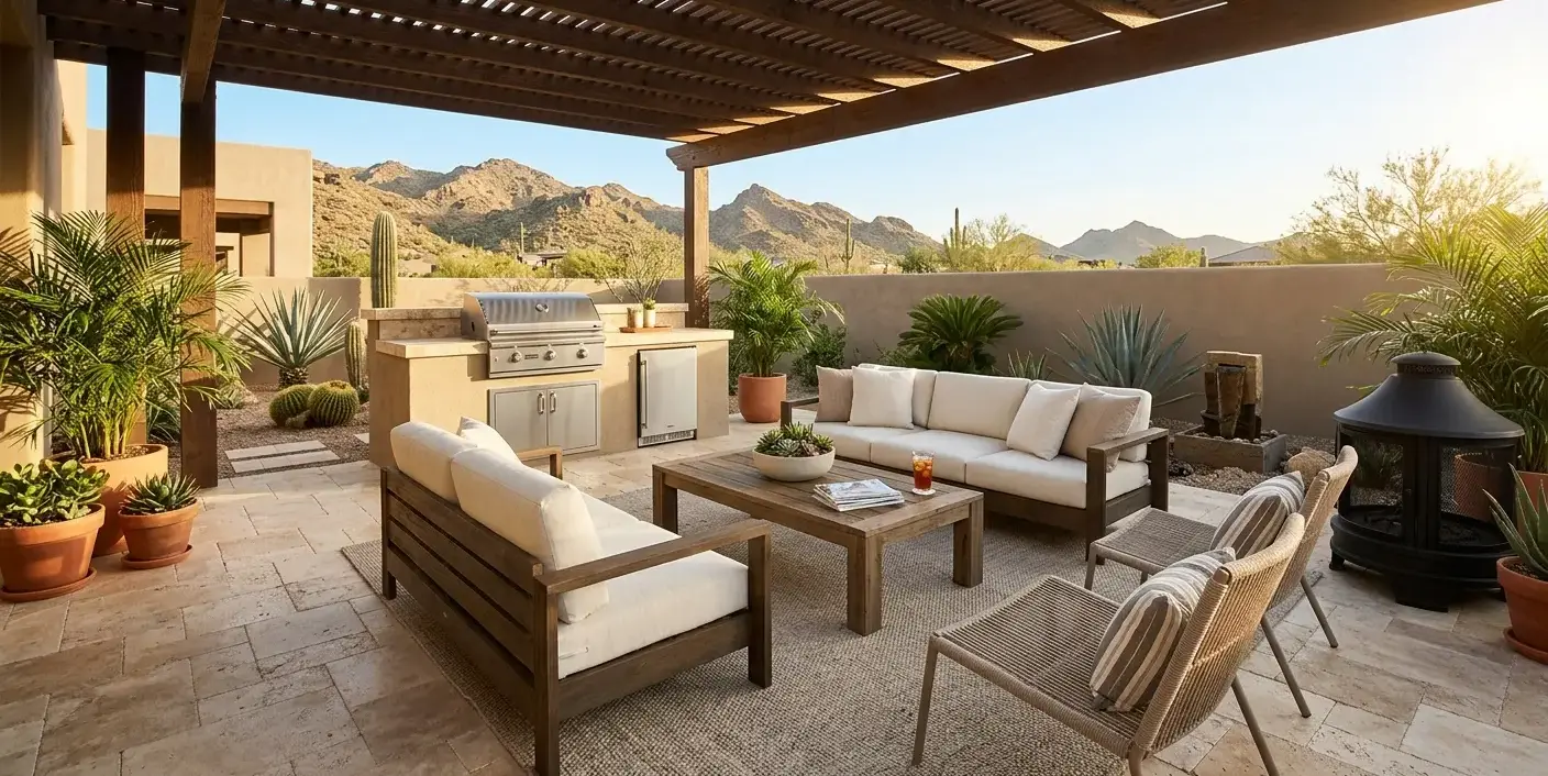 Conceptual rendering of a travertine patio under a shaded pergola illustrating desert climate stone care