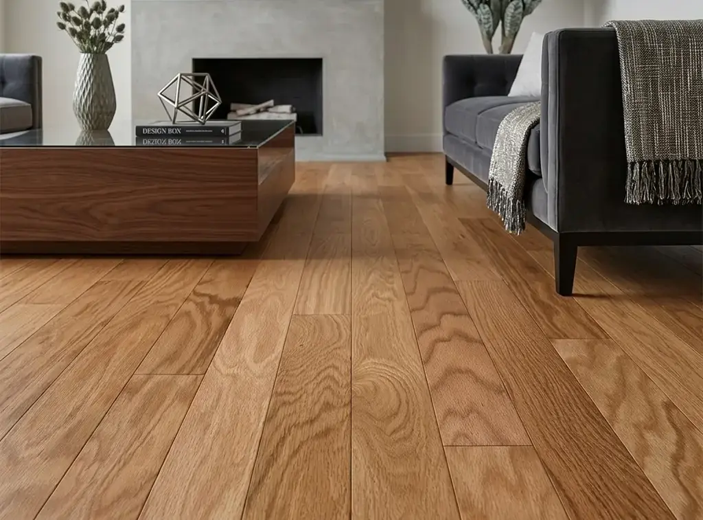 Conceptual rendering of engineered hardwood flooring with a warm, natural oak grain in a high-end luxury modern living room at Reno, NV